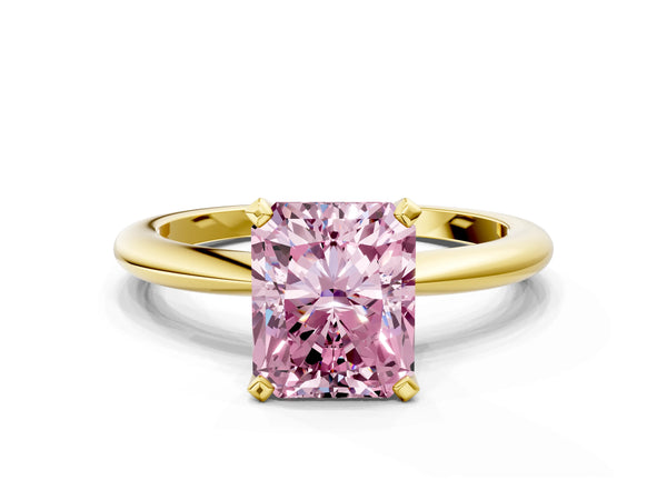 Yellow gold Fancy Pink Radiant Cut Diamond Solitaire Ring with Six-Prong Setting and Classic Band