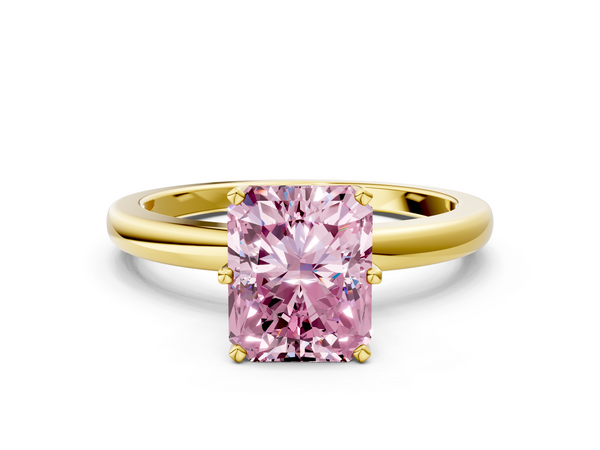 Yellow gold Fancy Pink Radiant  Solitaire Diamond Ring with Six-Prong Setting on a Classic Band
