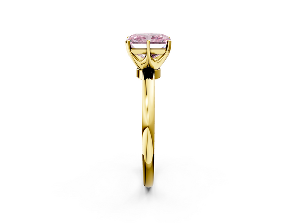 Yellow gold Fancy Pink Radiant  Solitaire Diamond Ring with Six-Prong Setting on a Classic Band