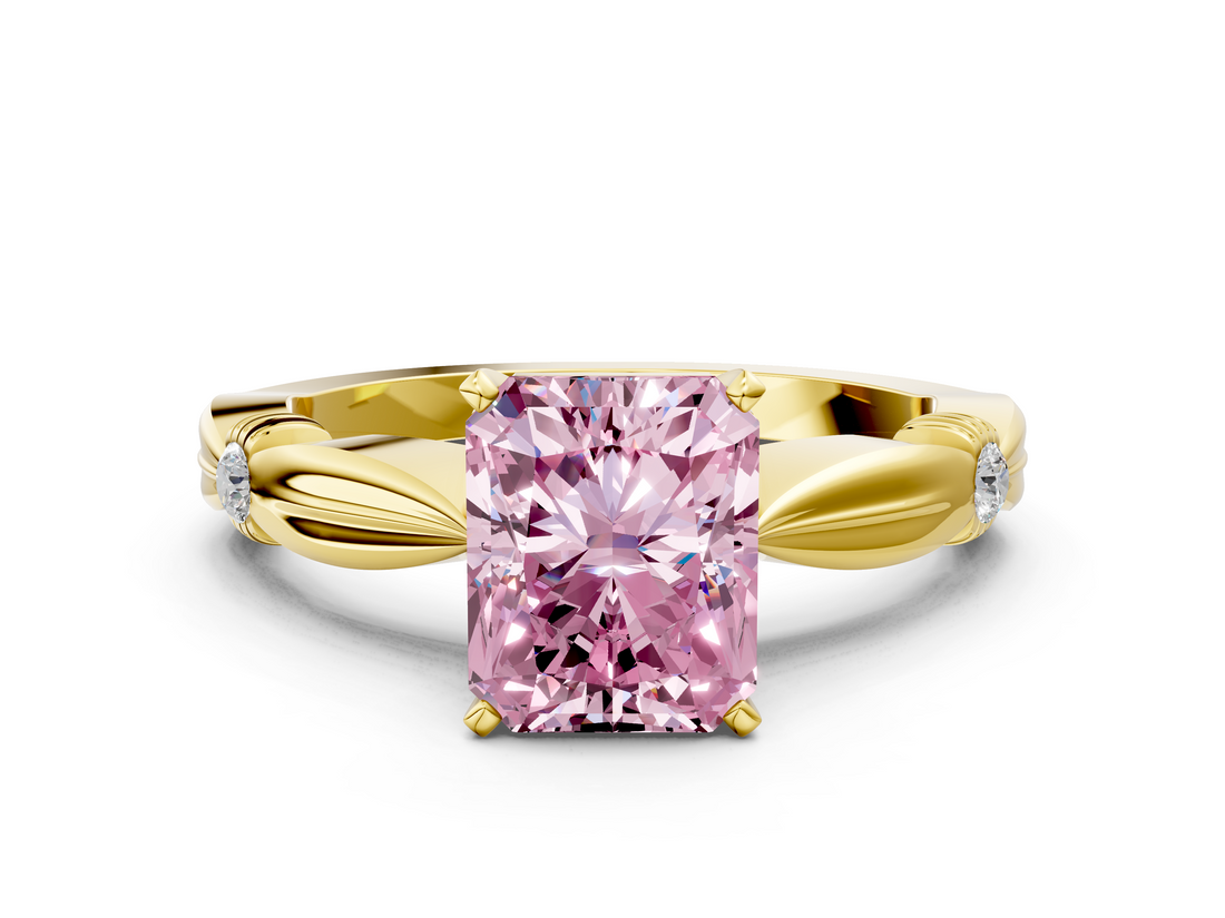 Yellow gold Fancy Pink Radiant  Solitaire Diamond Twisted Band with Four-Prong Setting_47