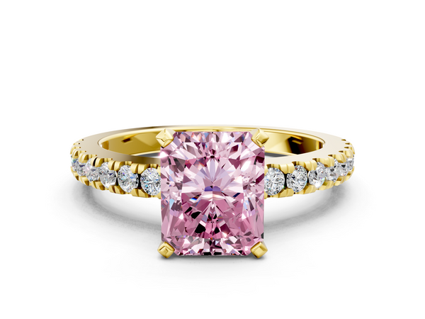 Yellow gold Fancy Pink Radiant  Solitaire Diamond with Pavé Band and Four-Prong Setting