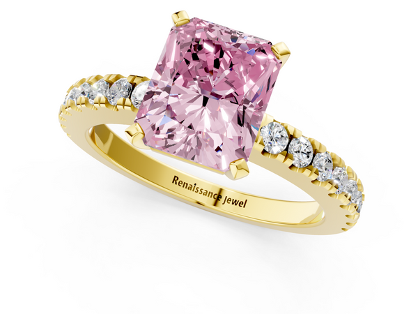 Yellow gold Fancy Pink Radiant  Solitaire Diamond with Pavé Band and Four-Prong Setting