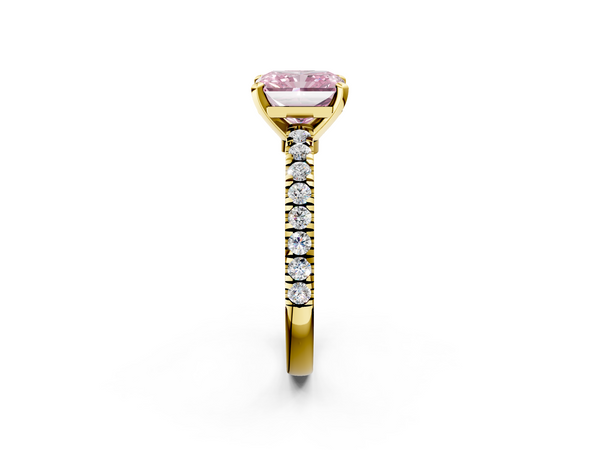 Yellow gold Fancy Pink Radiant  Solitaire Diamond with Pavé Band and Four-Prong Setting