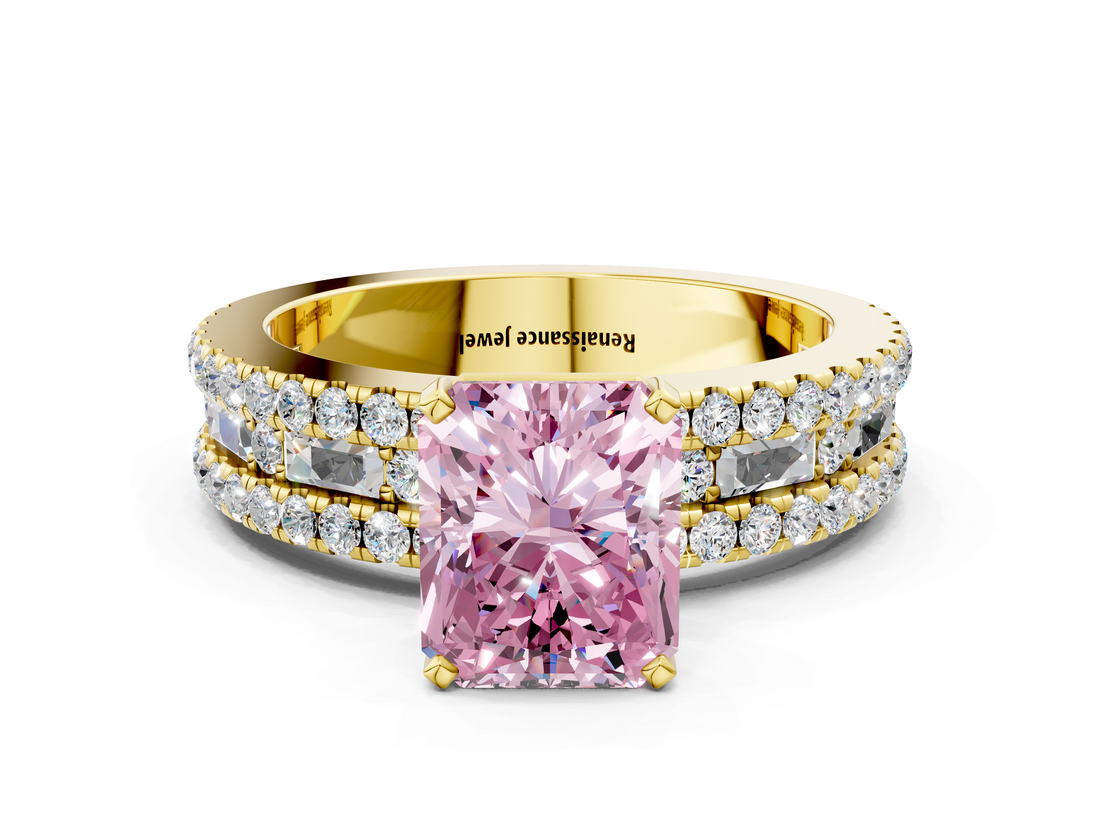 Yellow gold Fancy Pink Radiant  Solitaire Diamond with Pave and Channel Set Band_58
