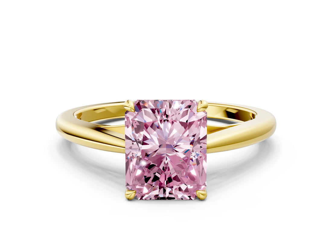 Yellow gold Fancy Pink Radiant  Solitaire Engagement Ring with Four-Prong Setting and Classic Band