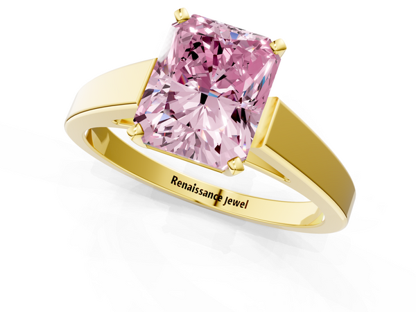 Yellow gold Fancy Pink Radiant  Solitaire Engagement Ring with Four-Prong Setting and Tapered Band