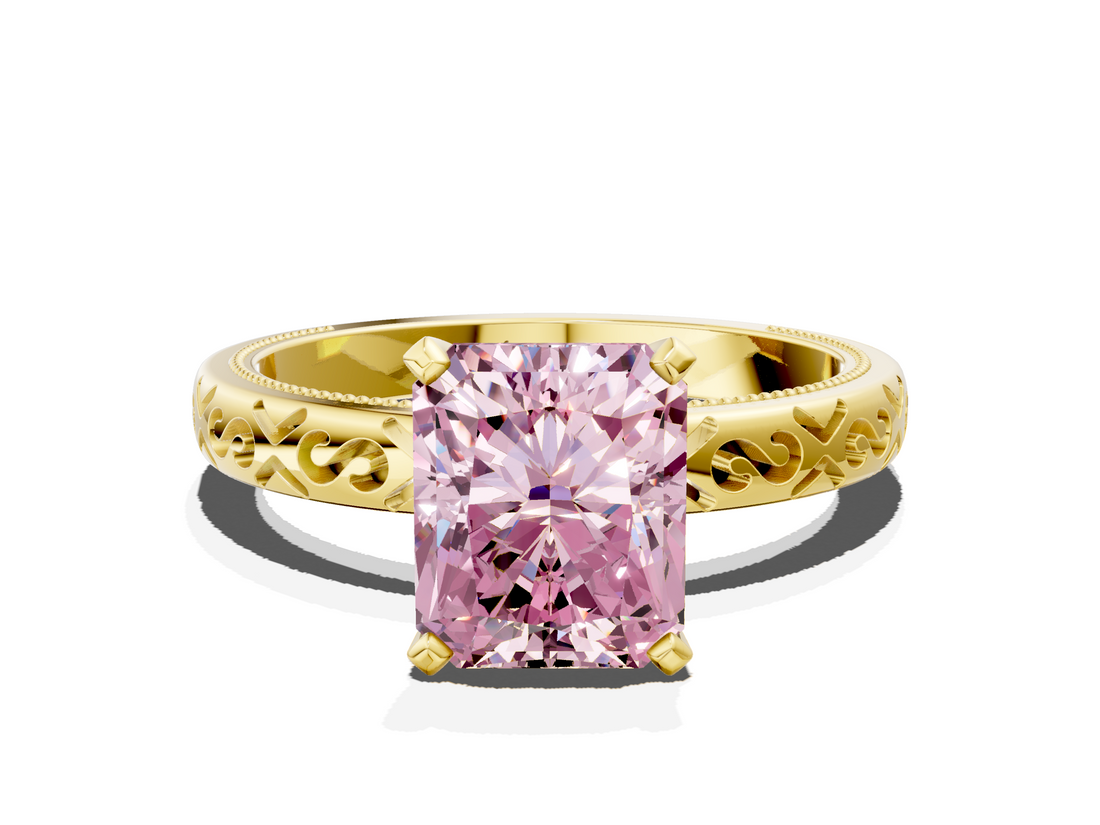Yellow gold Fancy Pink Radiant  Solitaire Engagement Ring with Scrollwork Band and Four-Prong Setting_150