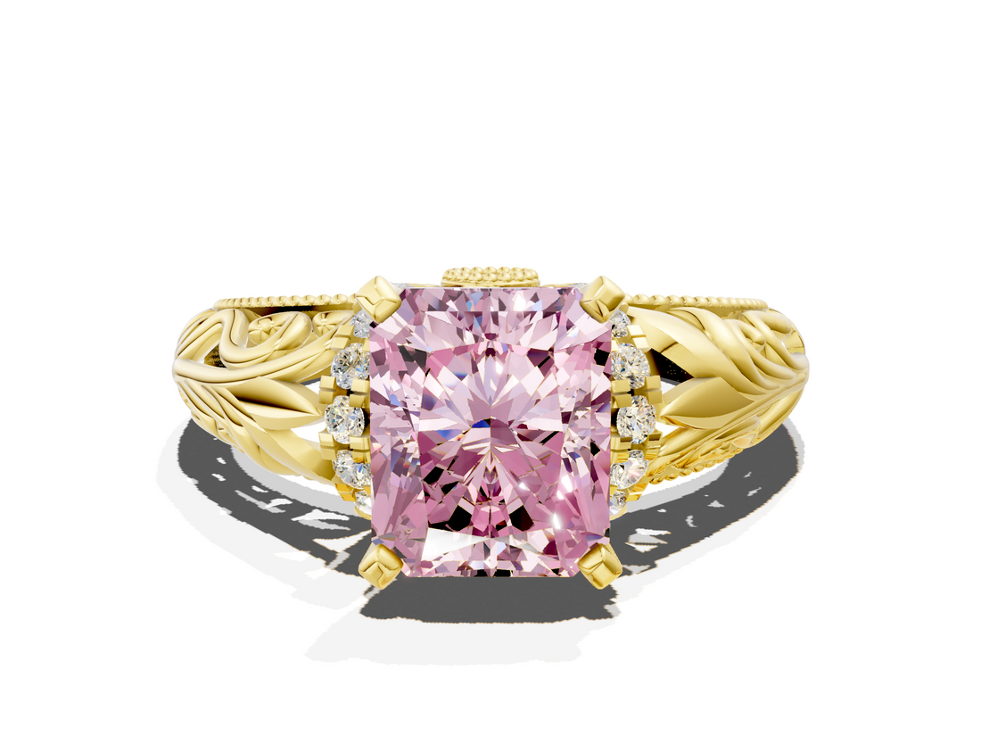 Yellow gold Fancy Pink Radiant  Solitaire Filigree Engagement Ring with Halo and Prong Setting_70
