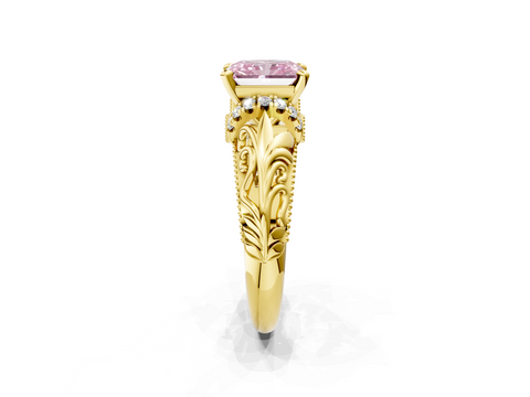 Yellow gold Fancy Pink Radiant  Solitaire Filigree Engagement Ring with Halo and Prong Setting_71