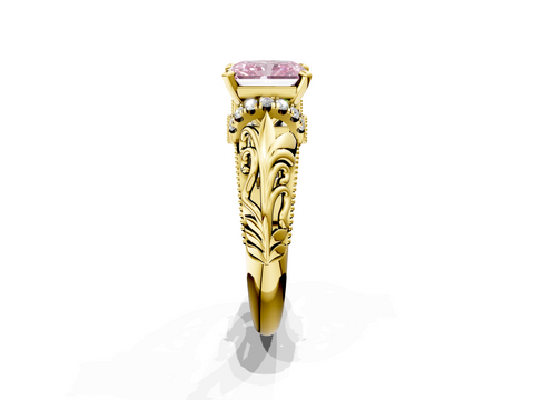Yellow gold Fancy Pink Radiant  Solitaire Filigree Engagement Ring with Halo and Prong Setting_72