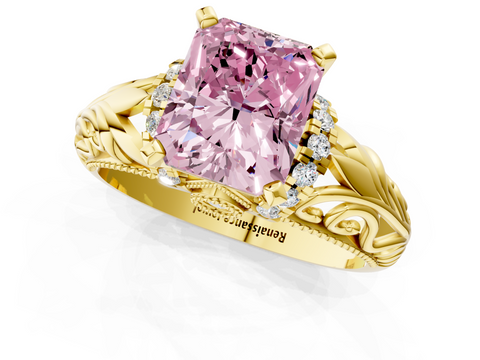 Yellow gold Fancy Pink Radiant  Solitaire Filigree Engagement Ring with Halo and Prong Setting_73