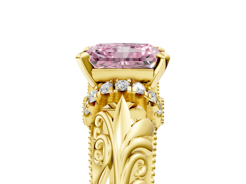 Yellow gold Fancy Pink Radiant  Solitaire Filigree Engagement Ring with Halo and Prong Setting_75