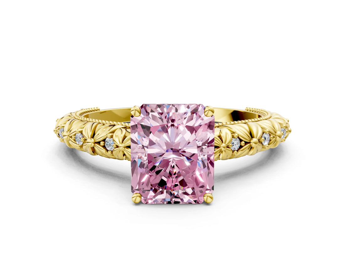 Yellow gold Fancy Pink Radiant  Solitaire Floral Milgrain Engagement Ring_51