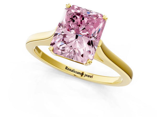 Yellow gold Fancy Pink Radiant  Solitaire Heart Prong Engagement Ring with Tapered Band