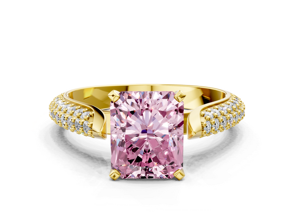 Yellow gold Fancy Pink Radiant  Diamond Solitaire Engagement Ring with Pavé Band and Four-Prong Setting