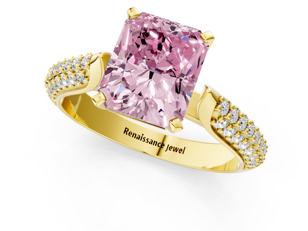 Yellow gold Fancy Pink Radiant  Diamond Solitaire Engagement Ring with Pavé Band and Four-Prong Setting