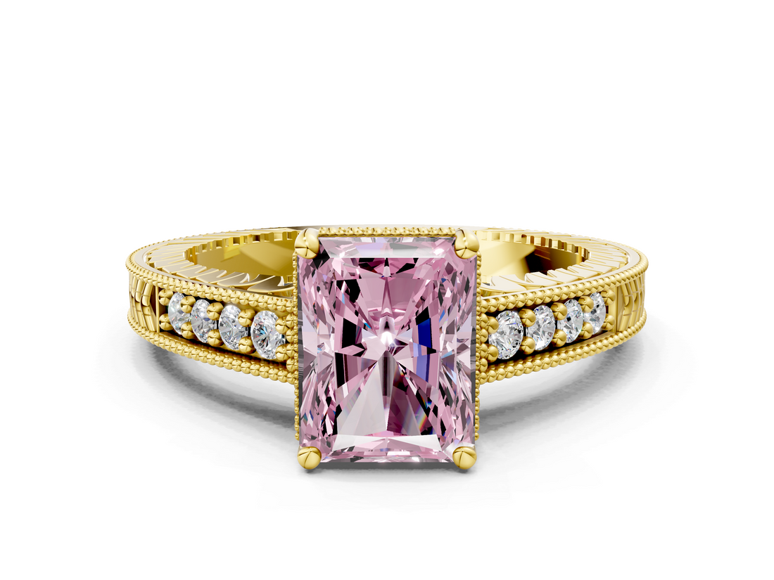 Yellow gold Fancy Pink Radiant  Solitaire Pavé Diamond Milgrain Engagement Ring with Four-Prong Setting_32