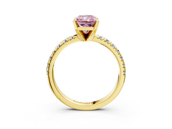Yellow gold Fancy Pink Radiant  Solitaire Pave Diamond Engagement Ring with Four-Prong Setting