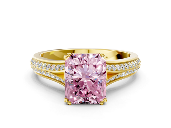 Yellow gold Fancy Pink Radiant Cut Diamond Split Shank Engagement Ring with Pavé Band