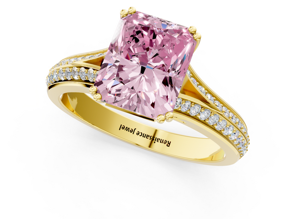 Yellow gold Fancy Pink Radiant Cut Diamond Split Shank Engagement Ring with Pavé Band
