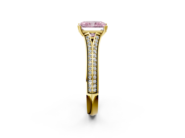 Yellow gold Fancy Pink Radiant Cut Diamond Split Shank Engagement Ring with Pavé Band