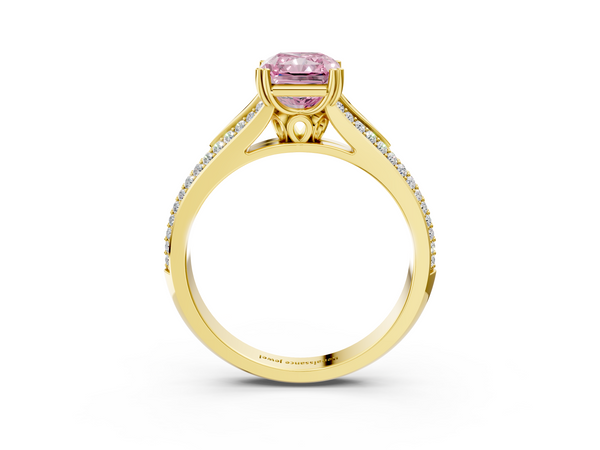 Yellow gold Fancy Pink Radiant Cut Diamond Split Shank Engagement Ring with Pavé Band