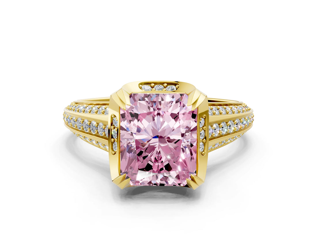 Yellow gold Fancy Pink Radiant  Solitaire Pave Split Shank Ring with Four-Prong Setting_81