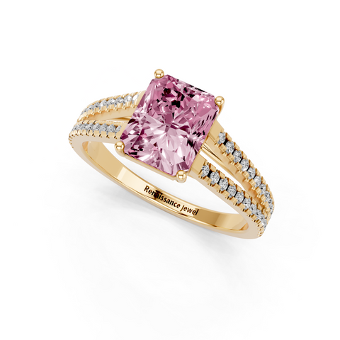 Yellow gold Fancy Pink Radiant  Solitaire Split Shank Pavé Diamond Engagement Ring_254