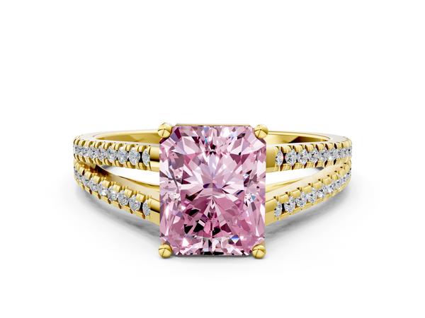 Yellow gold Fancy Pink Radiant Cut Diamond Solitaire Engagement Ring with Split Shank Pavé Band