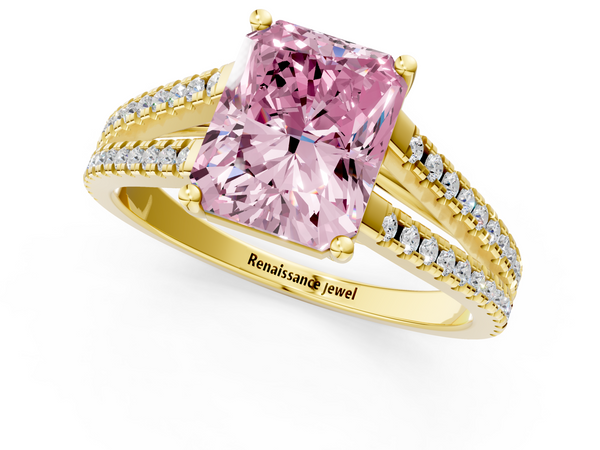 Yellow gold Fancy Pink Radiant Cut Diamond Solitaire Engagement Ring with Split Shank Pavé Band