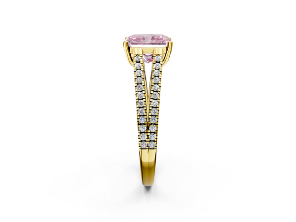 Yellow gold Fancy Pink Radiant Cut Diamond Solitaire Engagement Ring with Split Shank Pavé Band
