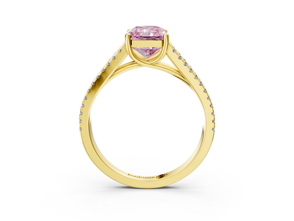 Yellow gold Fancy Pink Radiant Cut Diamond Solitaire Engagement Ring with Split Shank Pavé Band