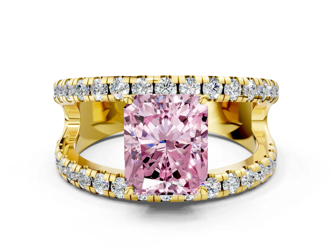 Yellow gold Fancy Pink Radiant  Solitaire Split Shank Pave Diamond Ring_49