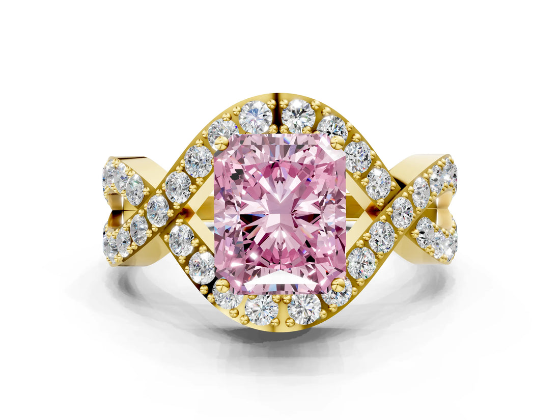 Yellow gold Fancy Pink Radiant  Solitaire Twist Band Pavé Diamond Engagement Ring_32