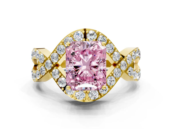 Yellow Gold Radiant Cut Infinity Twist Pave Engagement Ring Setting for Fancy Pink Center