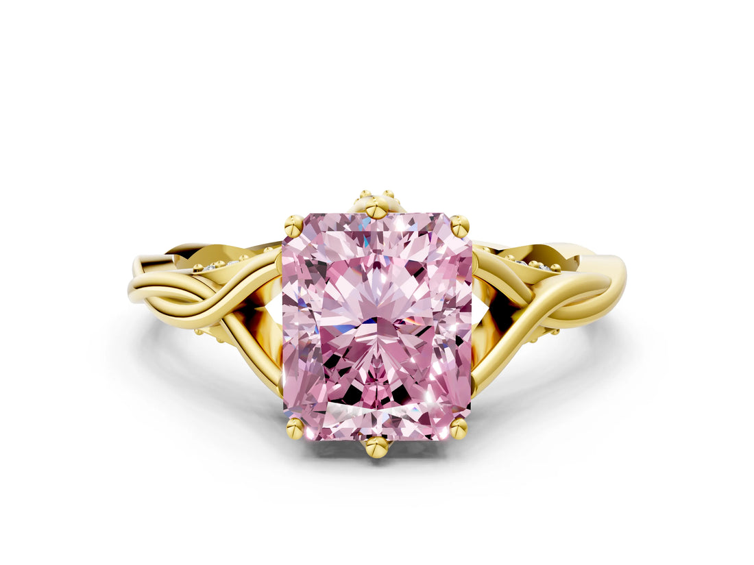 Yellow gold Fancy Pink Radiant  Solitaire Twist Band Six-Prong Setting 1