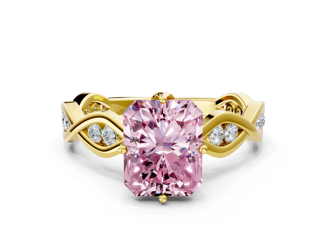 Yellow gold Fancy Pink Radiant  Solitaire Twist Band with Leaf Prong Setting 1