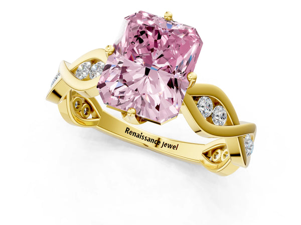 Yellow gold Fancy Pink Radiant  Solitaire Twist Band with Leaf Prong Setting