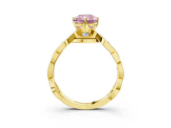 Yellow gold Fancy Pink Radiant  Solitaire Twist Band with Leaf Prong Setting