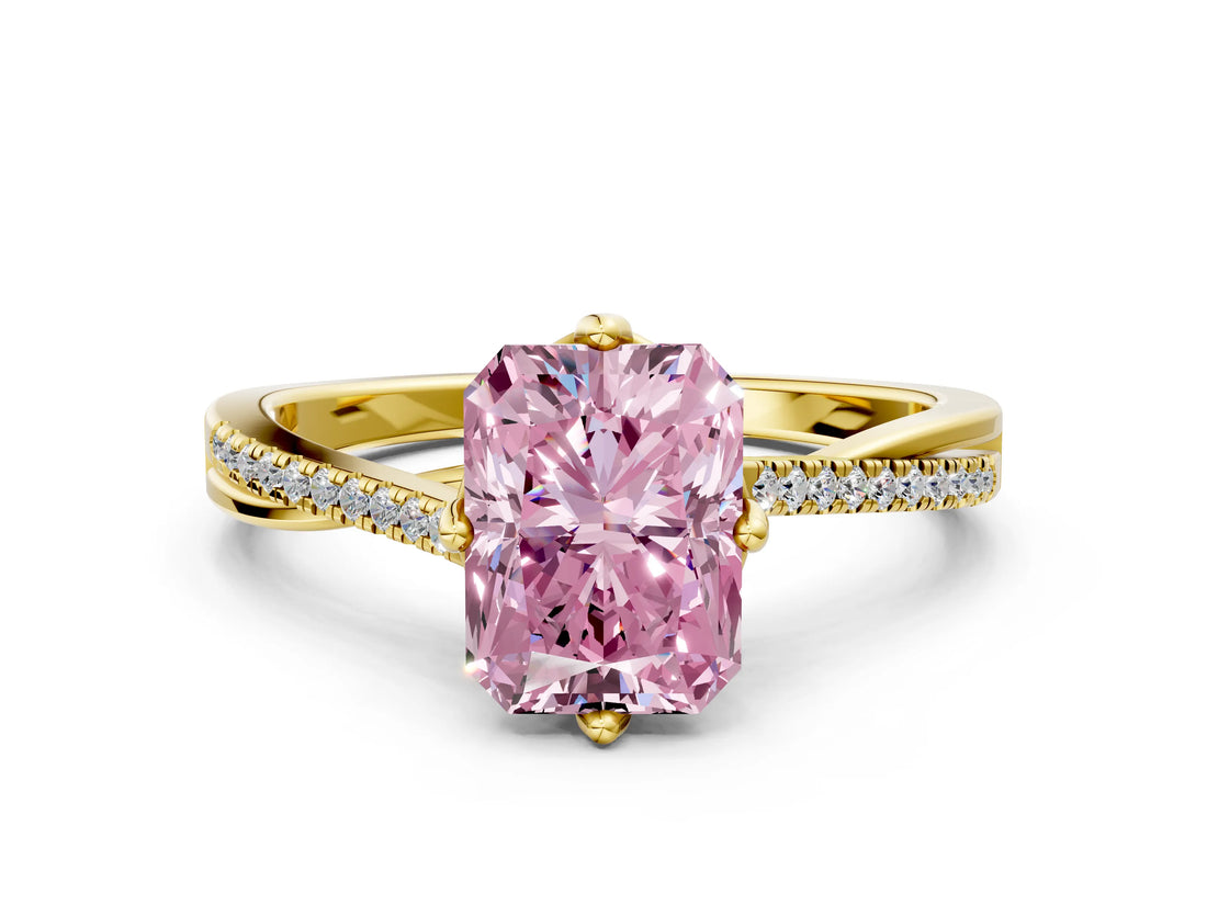 Yellow gold Fancy Pink Radiant  Solitaire Twist Band with Pavé Diamonds and Four-Prong Setting_53