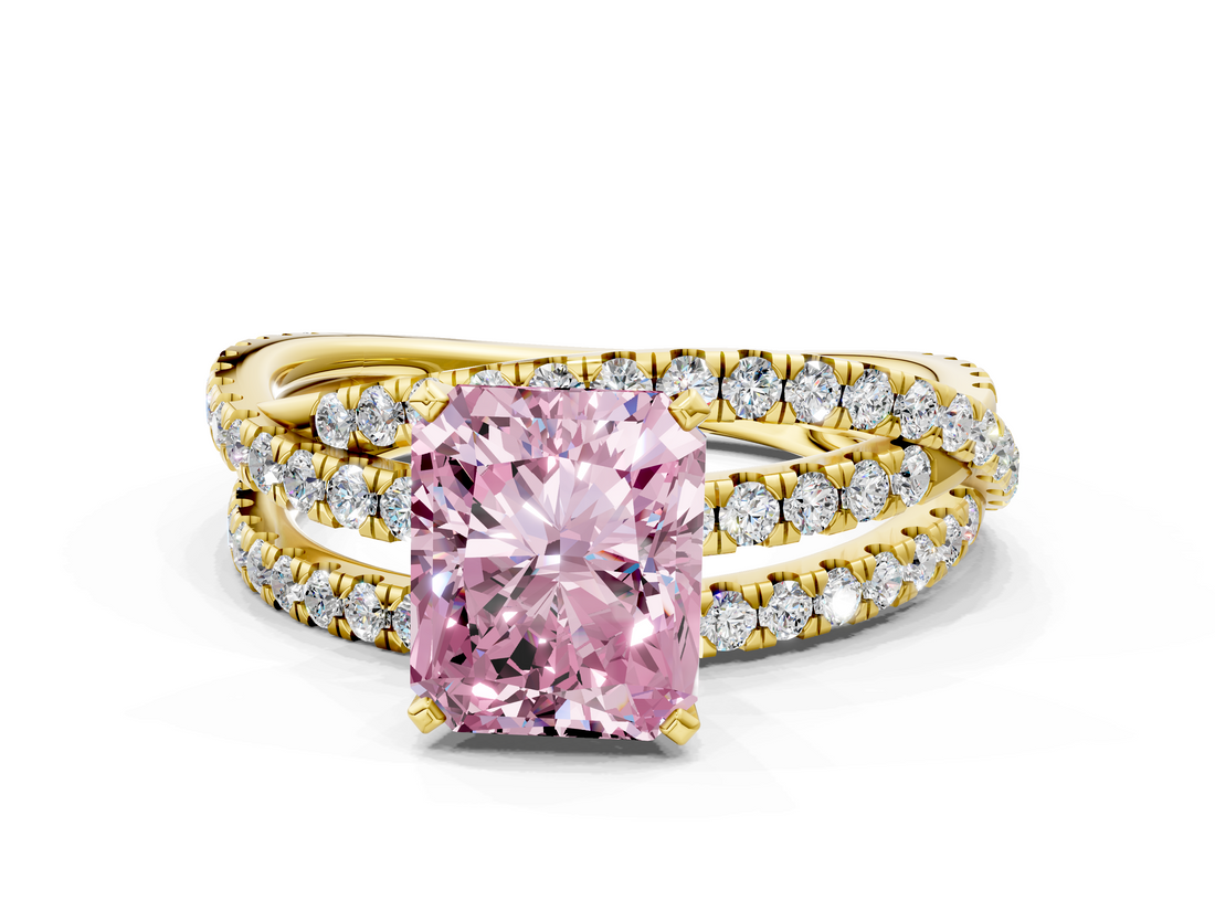 Yellow gold Fancy Pink Radiant  Solitaire Twist Band with Pavé Setting and Four-Prong Setting_115