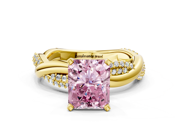 Yellow gold Fancy Pink Radiant  Solitaire Twist Band with Pave Prong Setting