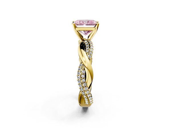 Yellow gold Fancy Pink Radiant  Solitaire Twist Band with Pave Prong Setting