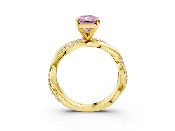 Yellow gold Fancy Pink Radiant  Solitaire Twist Band with Pave Prong Setting