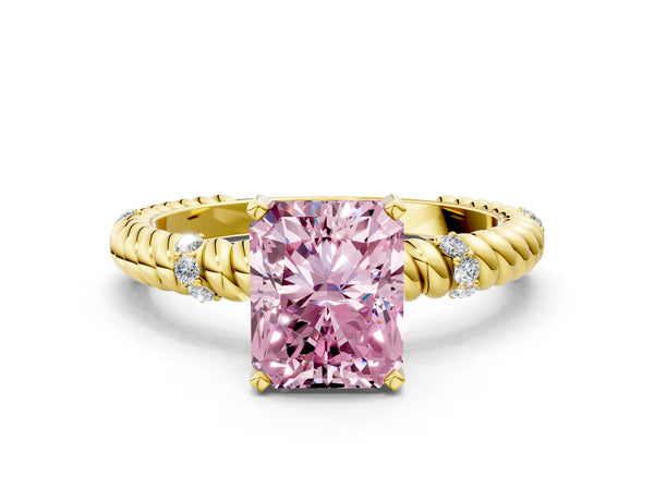 Yellow gold Fancy Pink Radiant  Solitaire Twisted Band Prong Set Engagement Ring