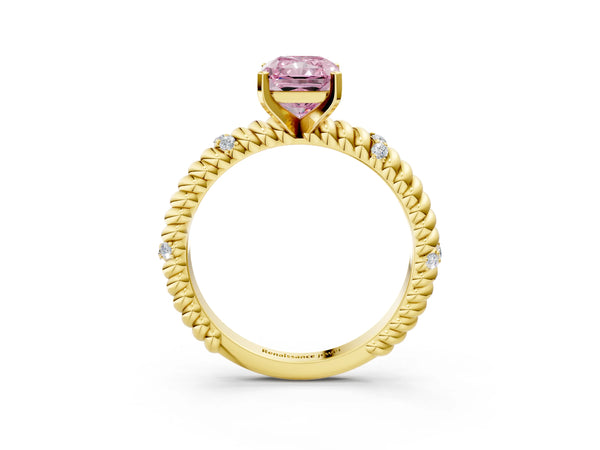 Yellow gold Fancy Pink Radiant  Solitaire Twisted Band Prong Set Engagement Ring