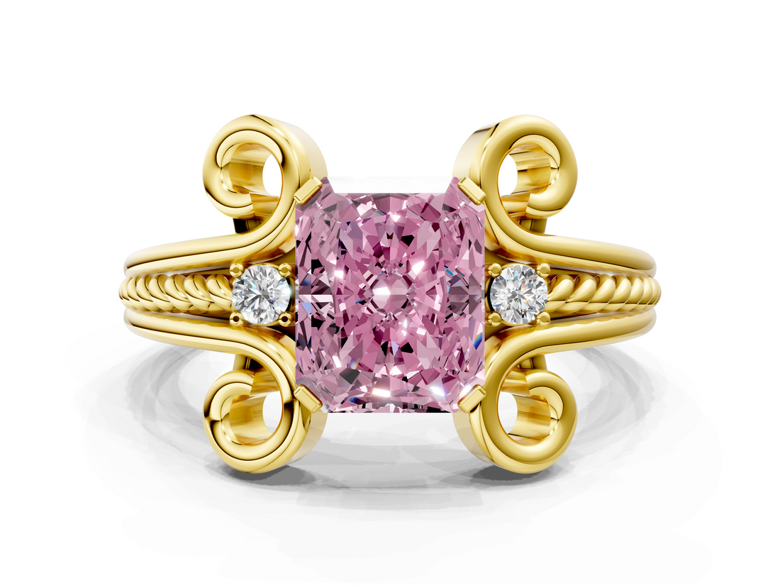 Yellow gold Fancy Pink Radiant  Solitaire Twisted Band Scroll Prong Ring_28
