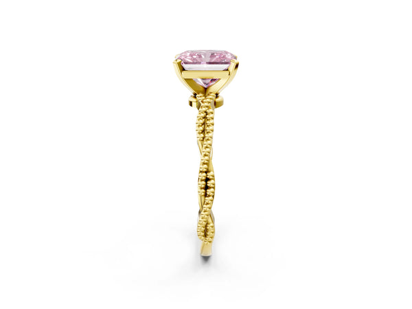 Yellow gold Fancy Pink Radiant  Solitaire Twisted Band with Bead Prong Setting
