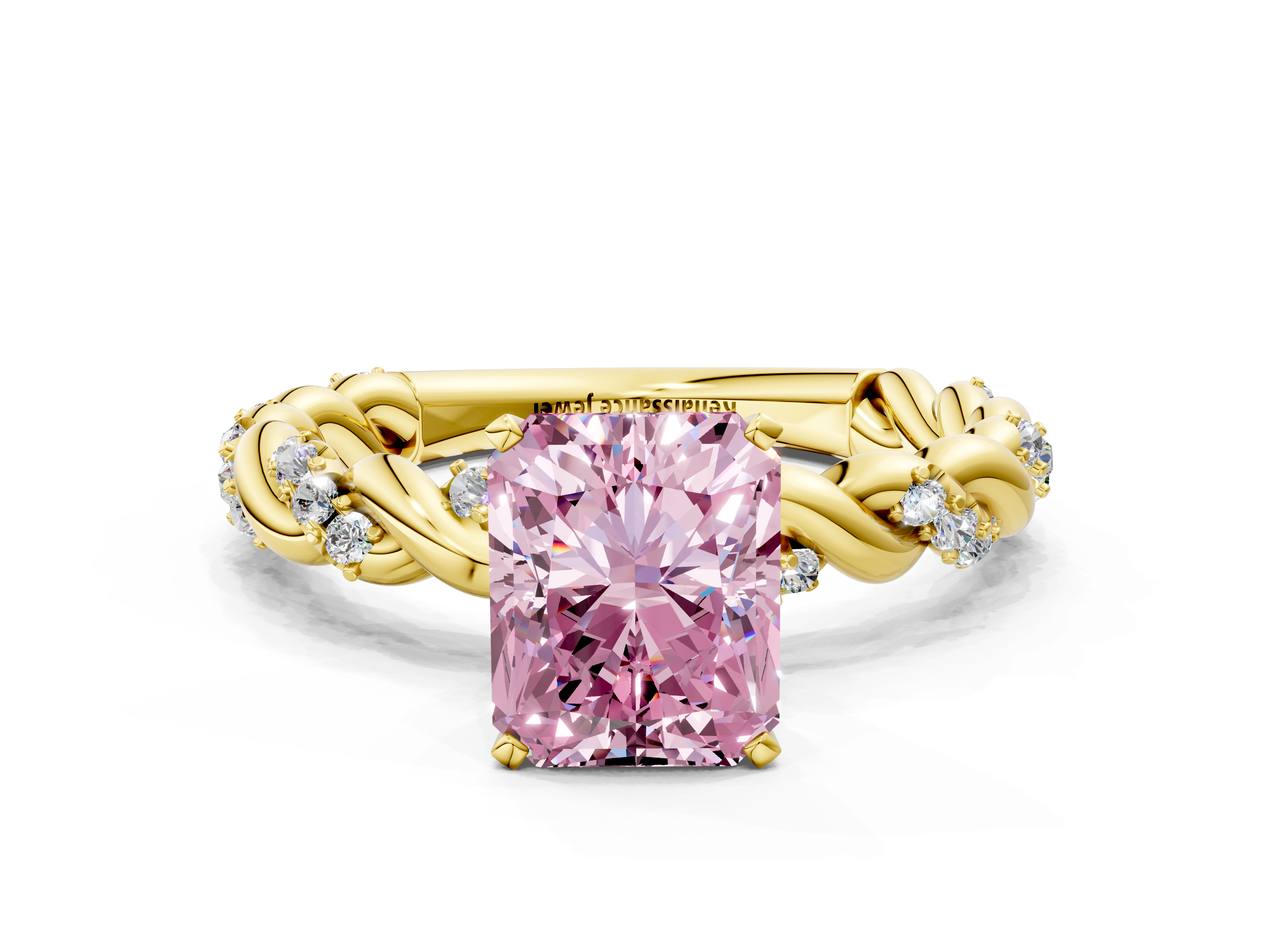 Yellow gold Fancy Pink Radiant  Solitaire Twisted Band with Pavé Accents and Four-Prong Setting_3