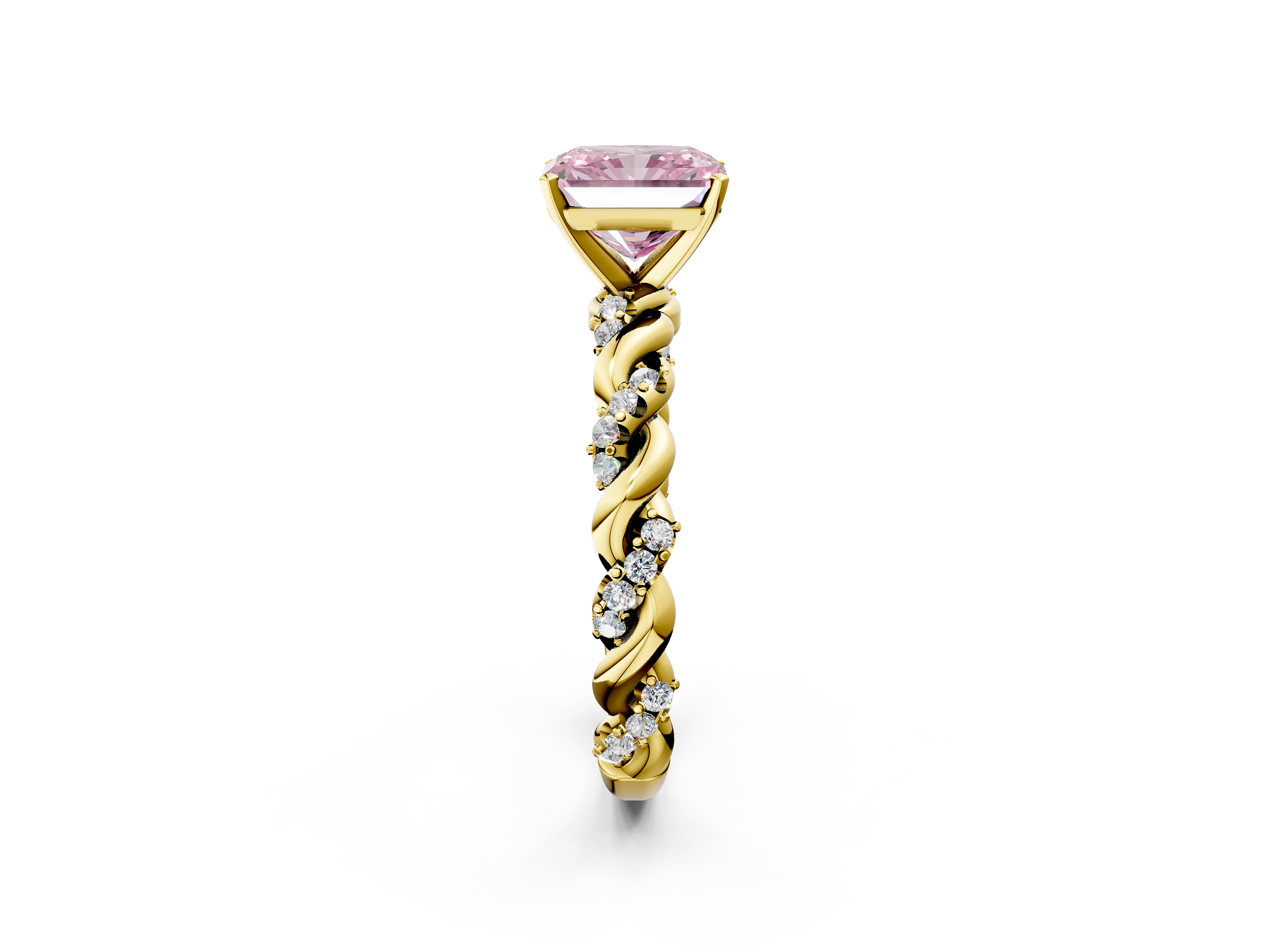 Yellow gold Fancy Pink Radiant  Solitaire Twisted Band with Pavé Accents and Four-Prong Setting_5